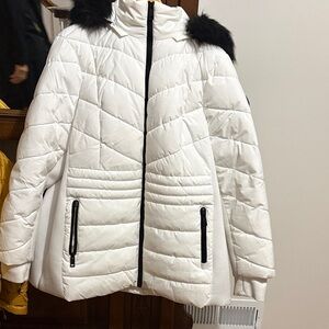 Women’s White Quilted Puffer Coat with Black Trim